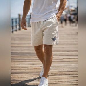 Mega Yacht Men's Cream Casual Shorts with Colorful Butterfly Embroidery